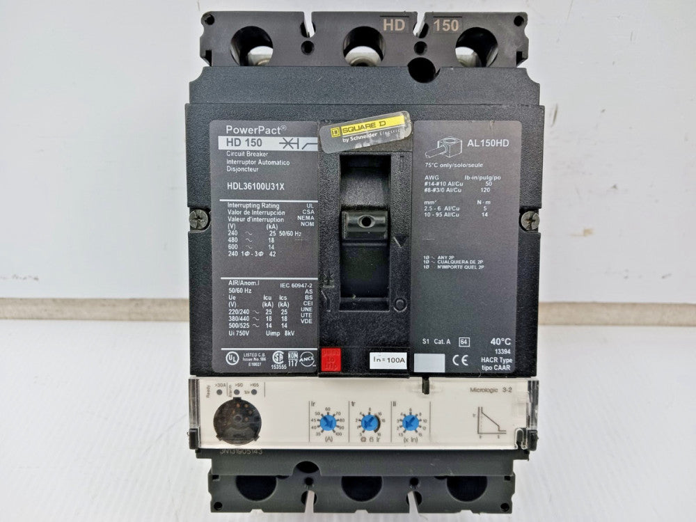 Square D PowerPact 100 Amp Circuit Breaker 3 Pole 600 VAC 18kA HDL36100U31X