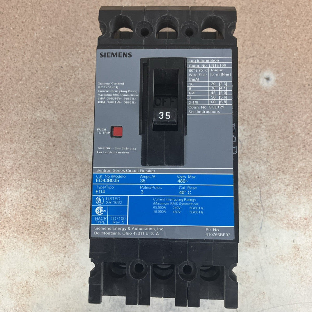 ED43B035 SIEMENS  CIRCUIT BREAKER 3 POLE 35 AMP 240/480Y VAC NTO