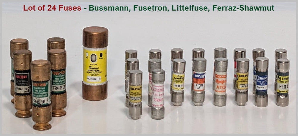 Lot of 24 Assorted Fuses, Varying Part Numbers, Sizes and Manufacturers