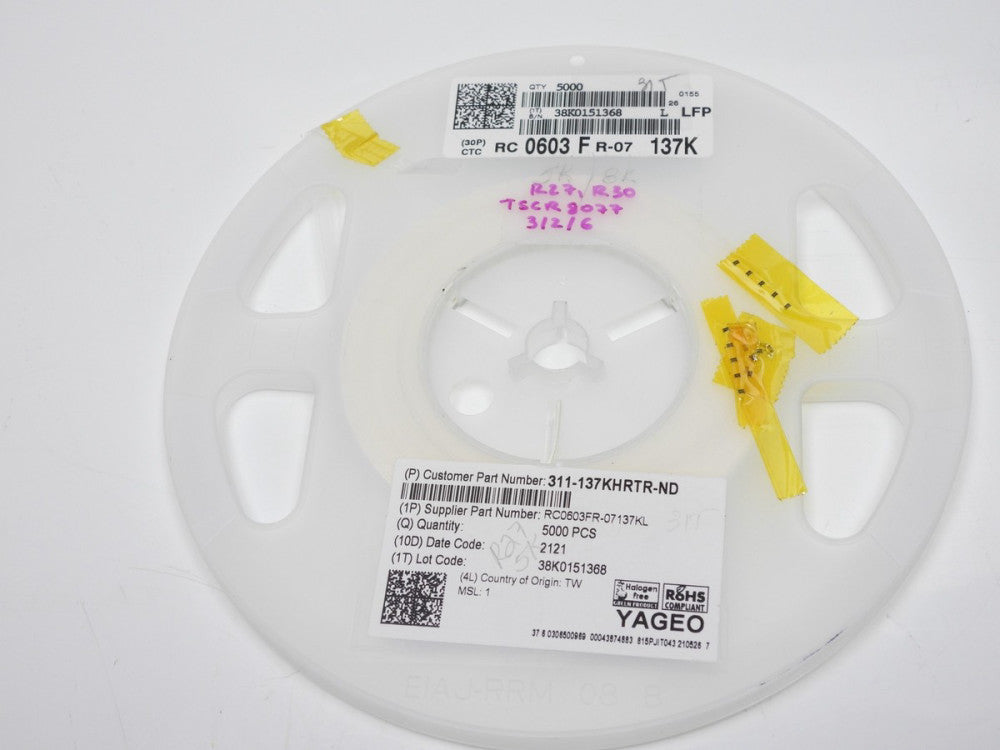5,000 Qty Yageo RC0603FR-07137KL Resistor Fixed Single-Surface Mount 311-137KHRT