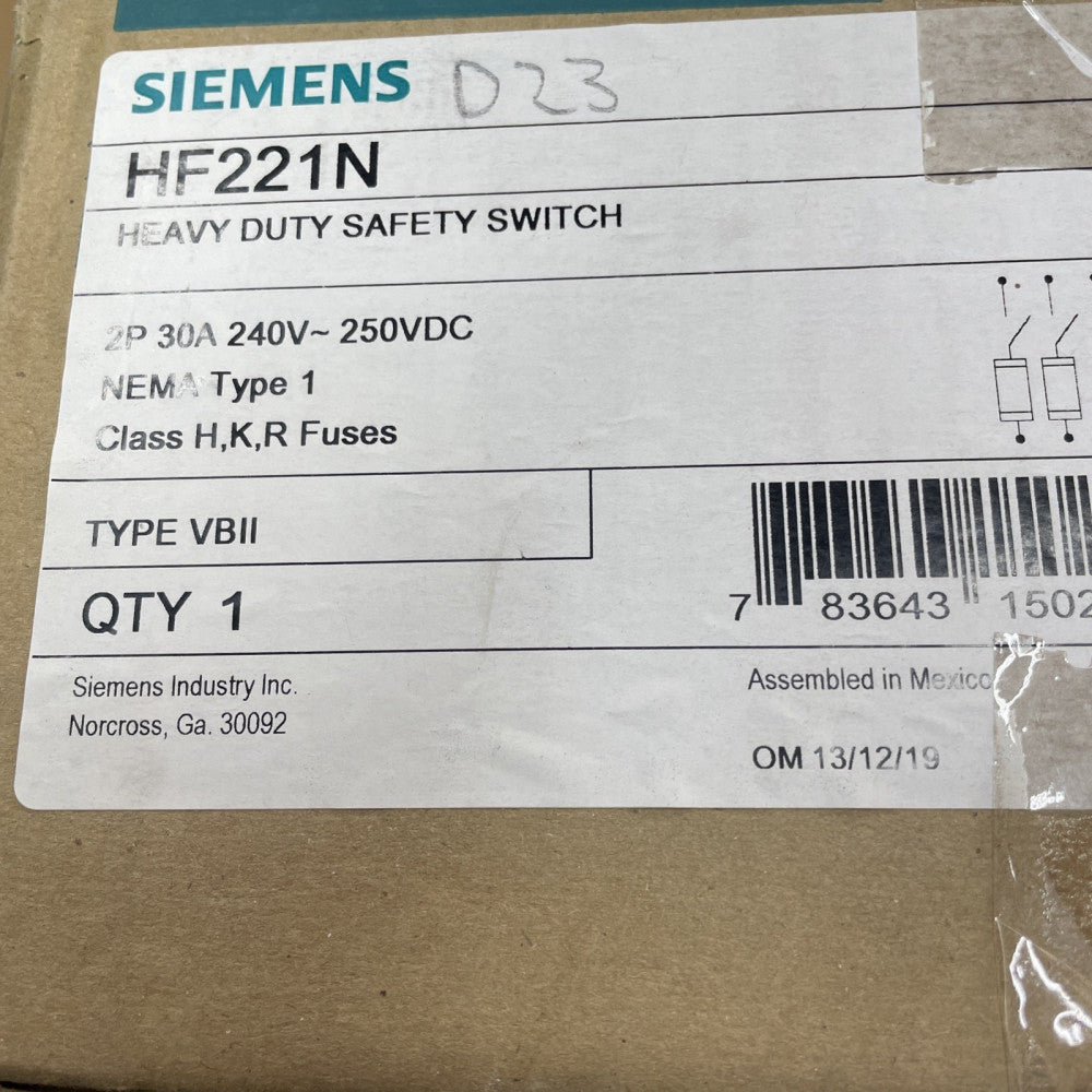 New Siemens HF221N 30 Amp 240v Fusible 1 PHASE Type 1 Safety Switch Disconnect