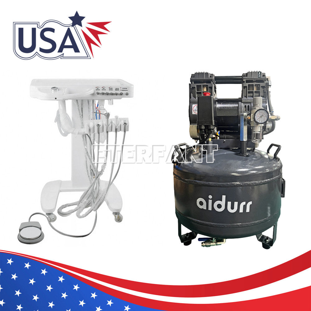 Dental Mobile Delivery Unit System Cart Treatment 4H/30L Oil-Free Air Compressor