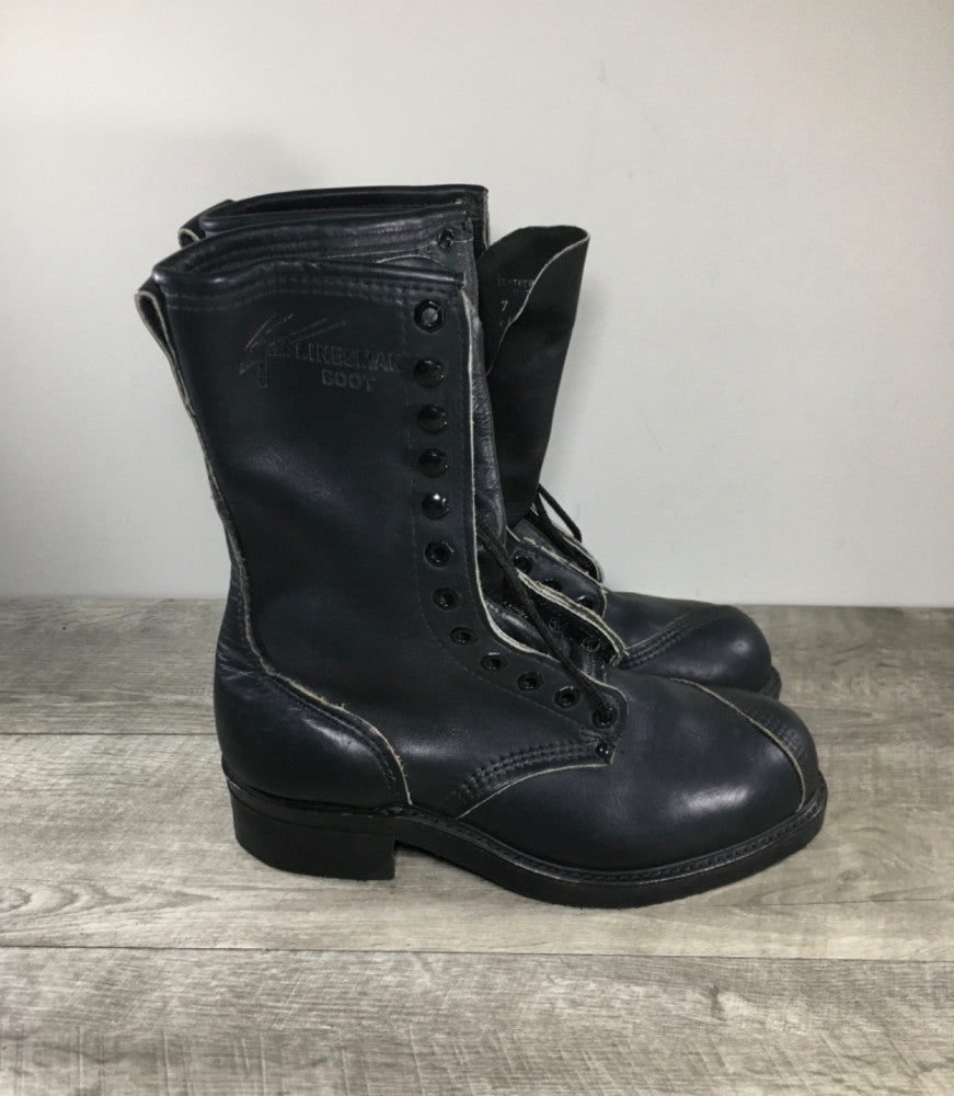 Mens Linesman Boot Steel Toe Climber Combat Black Leather Boots Size 7 Wide