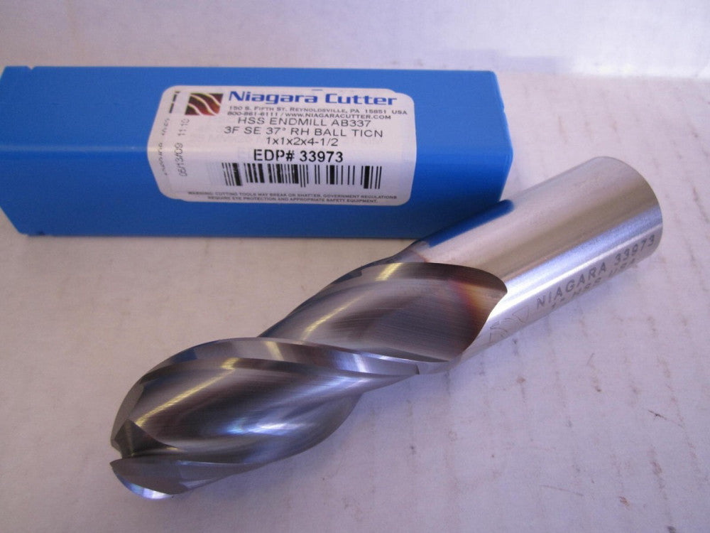 Niagara 1 x 1 x 2 x 4-1/2" Ball End HSS TiCN 3-Flute Endmill 33973 New