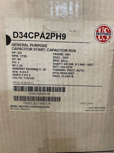 US Motors - D34CPA2PH9 - 3/4 HP, 1725 RPM, 115/230V
