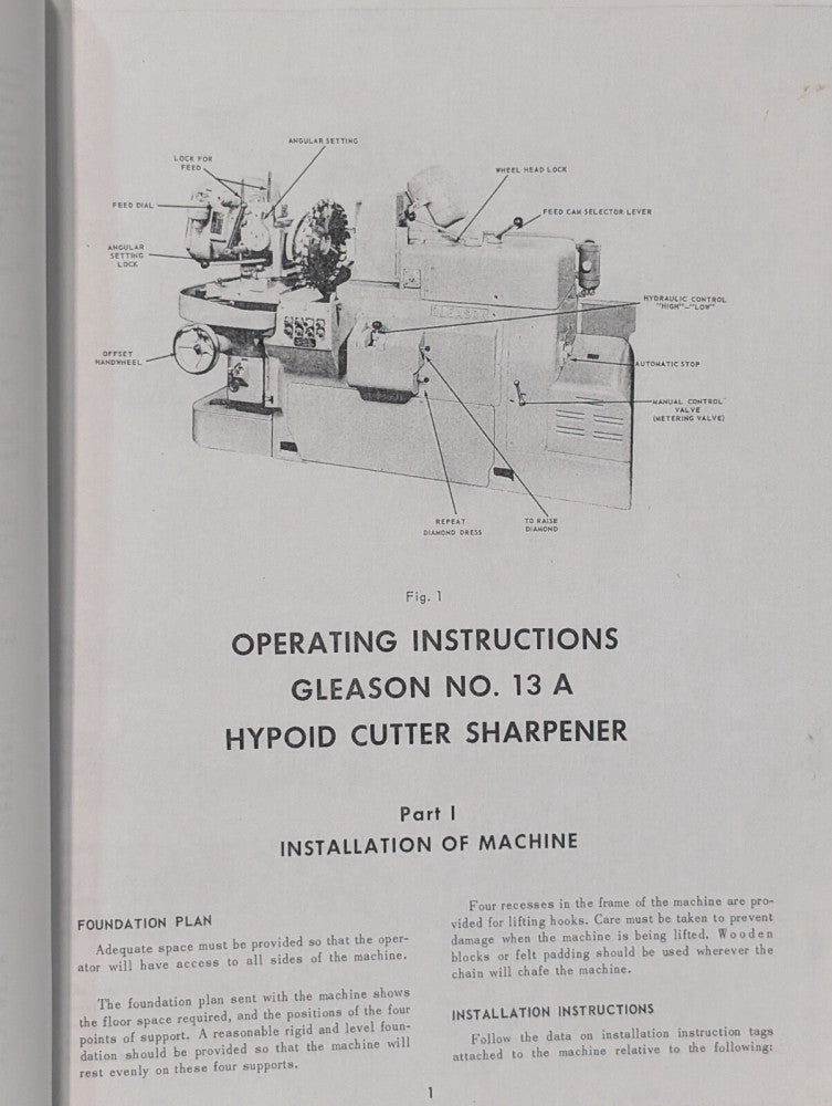 Gleason 13A Hypoid Cutter Sharpener Installation, Operators Manual & Parts List