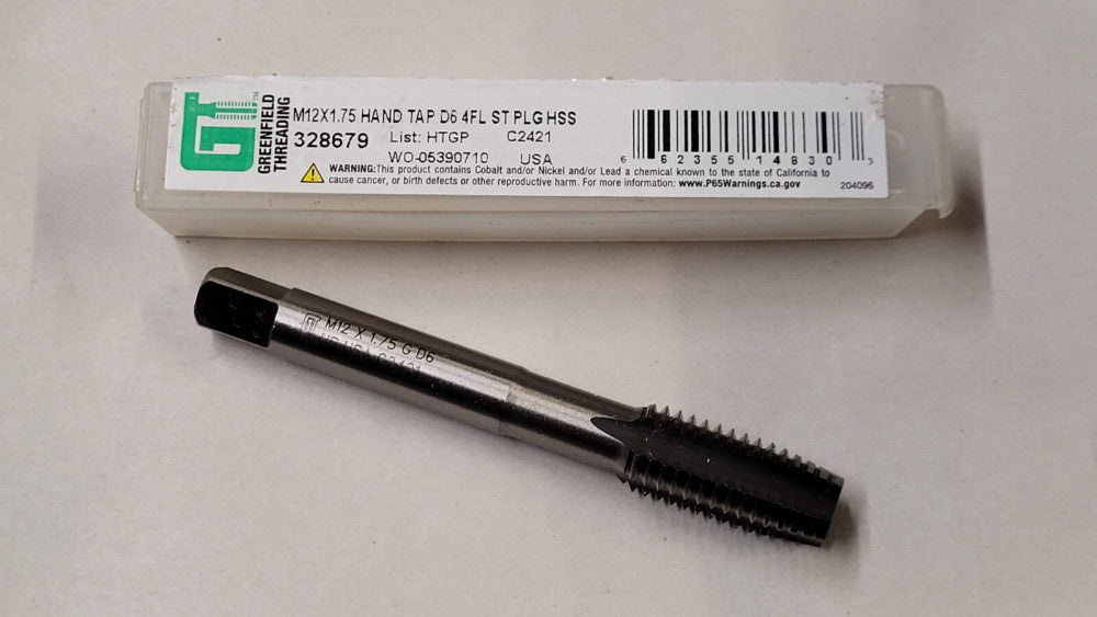 New Greenfield 328679 M12x1.75 Plug Tap D6 4 Flute Straight HSS