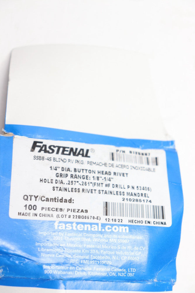 (100-Pk) Fastenal Button Head Open End Blind Rivet Stainless Steel 1/4" Dia