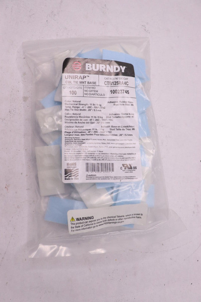 (100-Pk) Burndy Cable Tie Mount Base Nylon Natural 1-1/8" L x 1-1/8" W CTB125RA4