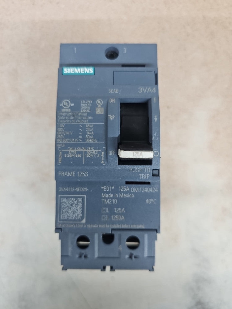 New Take Out Siemens 3VA4112-4ED24-0AA0 125A 2 Pole Breaker Chipped