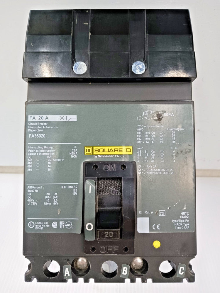 Square D 20 Amp I-Line Circuit Breaker 3P 600 VAC / 250 VDC 18kA FA36020 *Green*