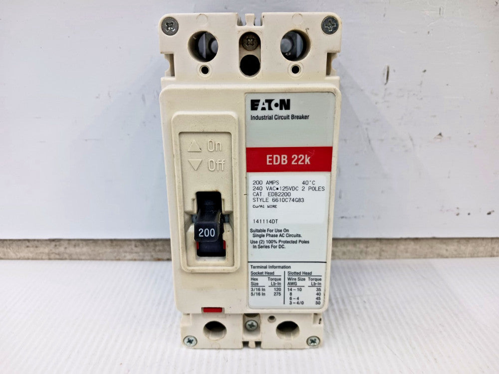 Eaton 200 Amp Circuit Breaker 2 Pole 240 VAC / 125 VDC 22kA EDB2200