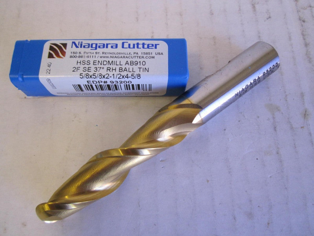 Niagara (93200) 5/8 x 5/8 x 2-1/2 x 4-5/8" Ball End TiN HSS 2-Flute Endmill 