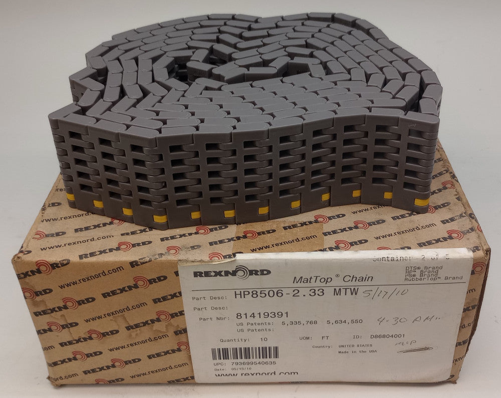 Rexnord 81419391 MatTop Chain Conv Rex HP8506-2.33 MTW 10 FT Length