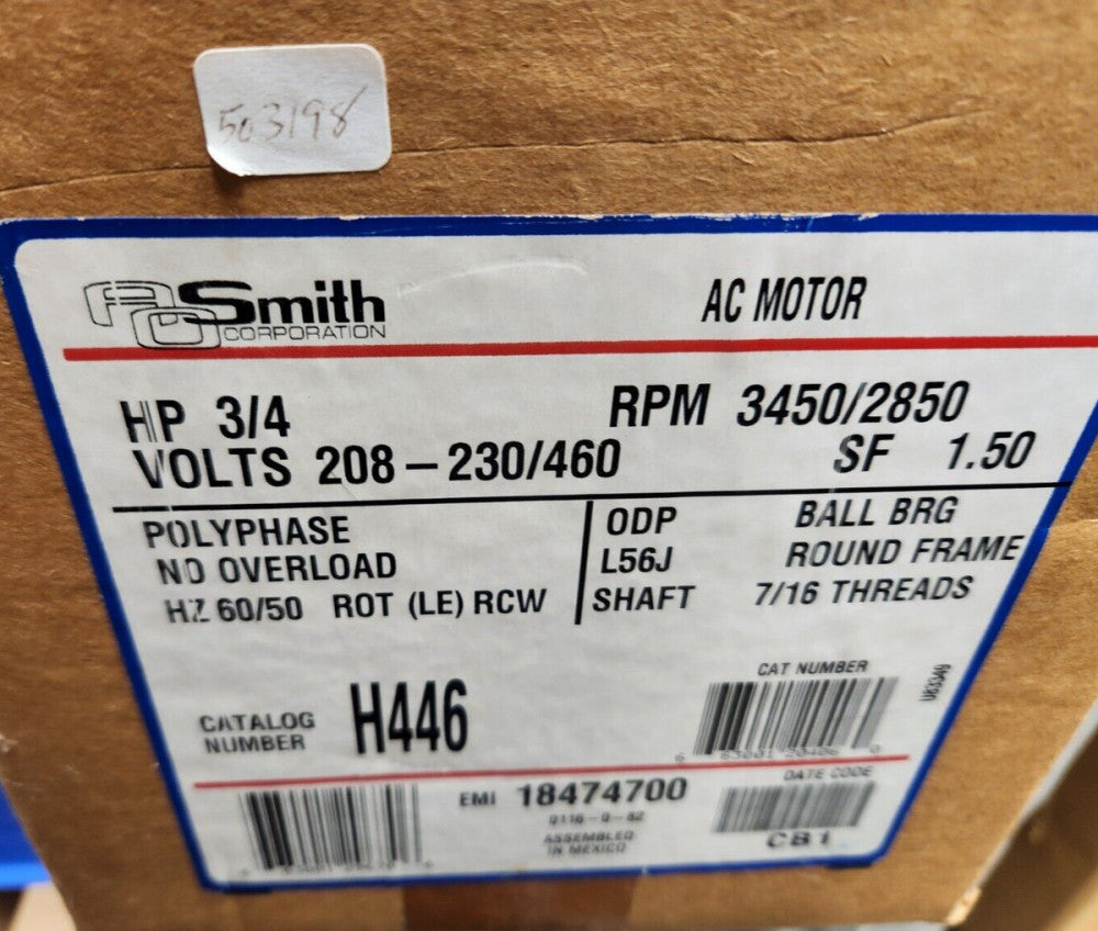 CENTURY AO SMITH 3/4 HP PUMP MOTOR 208-230/460 VAC 3Ø 3450 RPM 56J FRAME H446