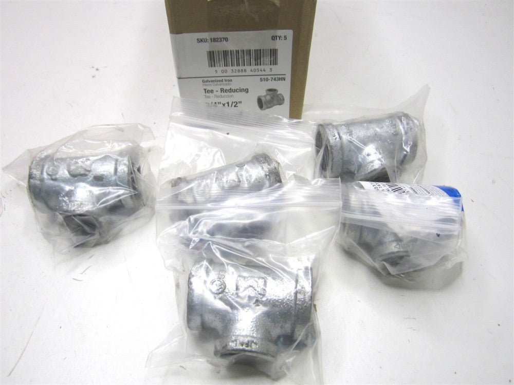 Southland 3/4"x3/4"x1/2" Galvanized Malleable Iron Reducing Tee Fitting - Qty 5