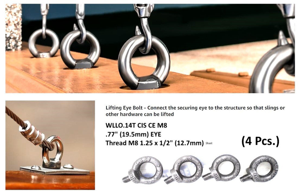 (4 Pcs.) WLLO.14T - M8 LIFTING HANGING EYE BOLT - 3/4" (19.5mm) EYE - 1/2" Shank