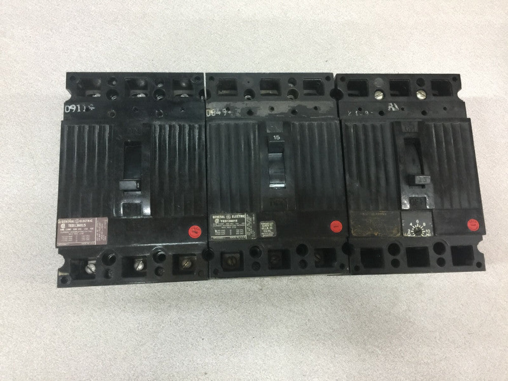 USED (LOT OF 3) GE 15AMP 3POLE 600VAC BREAKER TED136015