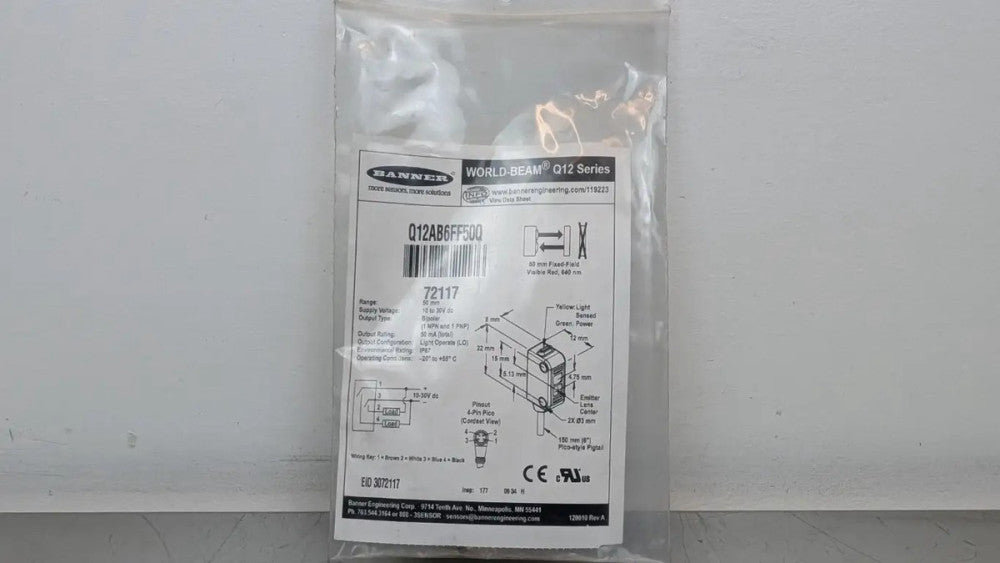 Banner Q12AB6FF50Q Miniature Self-Contained Sensor 72117 50mm 10-30VDC