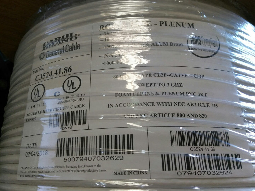 Coaxial Cable, 1000 ft. Length, 18 AWG Conductor Size, Natural, PVC Jacket Mater