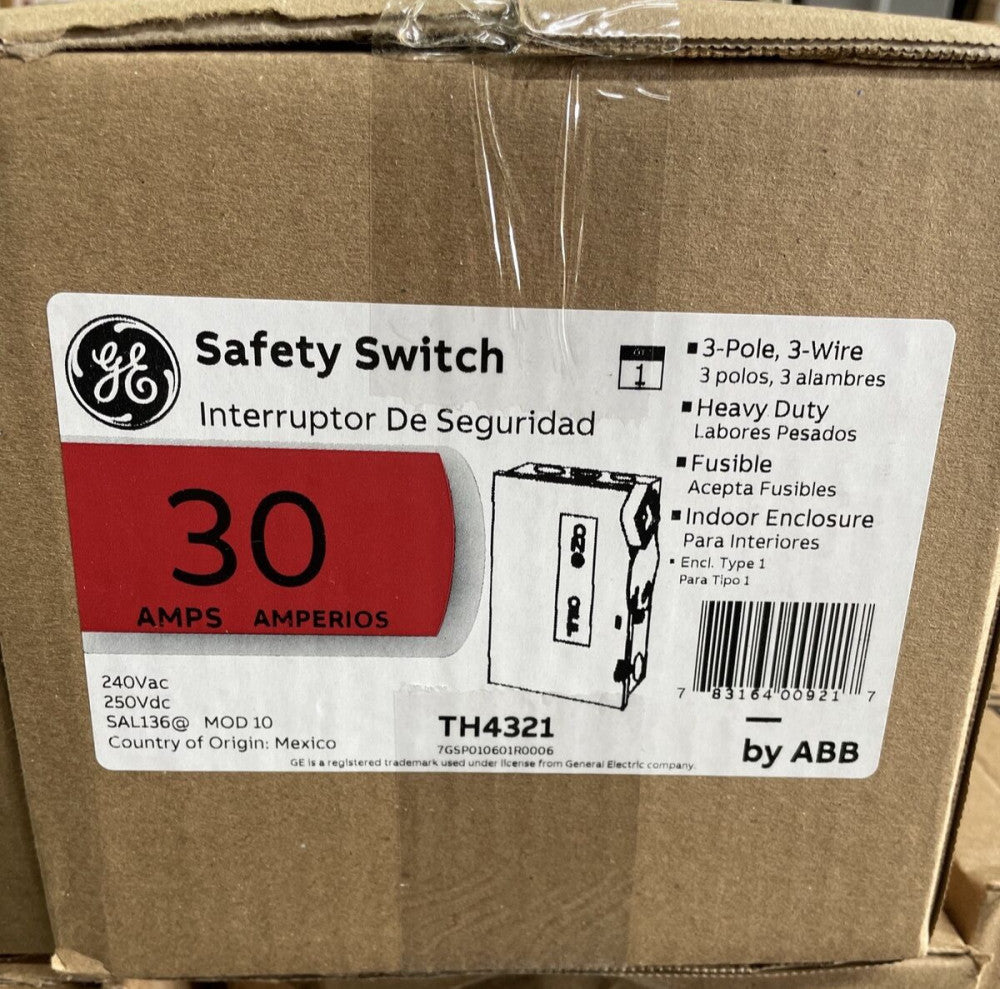 1-GE 30 AMP FUSIBLE SAFETY SWITCH TH4321 3P 4W 240 VAC NEMA 1 INDOOR NEW