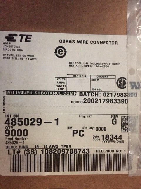 (Case of 9,000) TE Connectivity 485029-1 Ring Tongue Terminal 14-18AWG (NEW)
