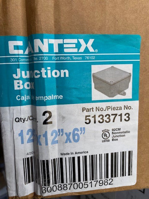 (2 PACK) Cantex 5133713 Junction Box 12"X12"X6" 810 CU. IN