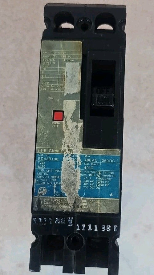 ED42B100 Siemens 100 Amp Circuit Breaker 480V 2 Pole -