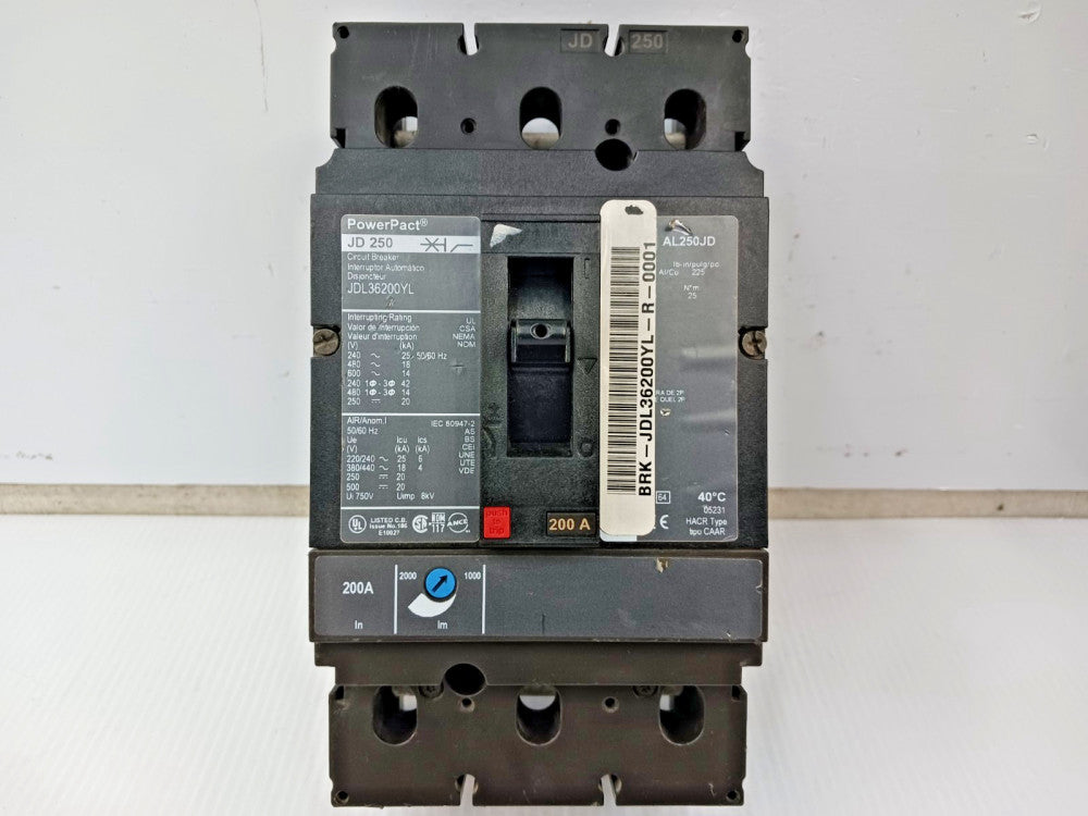 Square D PowerPact 200 Amp Circuit Breaker 3 Pole 600 VAC / 250 VDC JDL36200YL