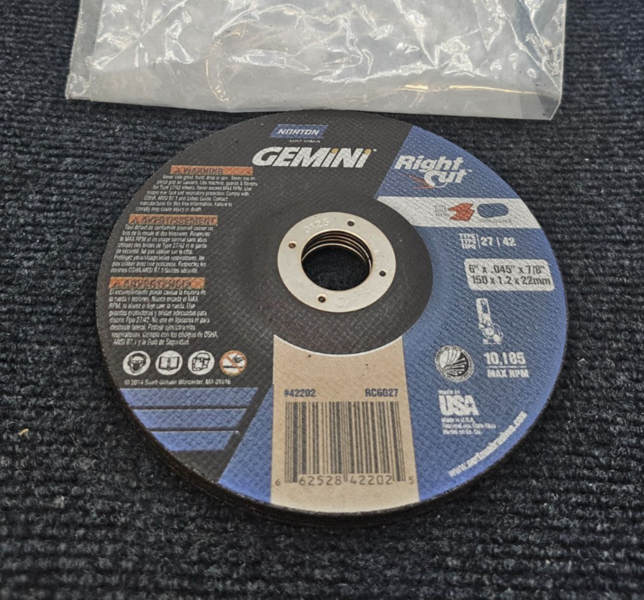 (QTY 5) Norton Gemini 42202: Right Cut Depressed Center Cut-Off Wheel 6x.045x7/8