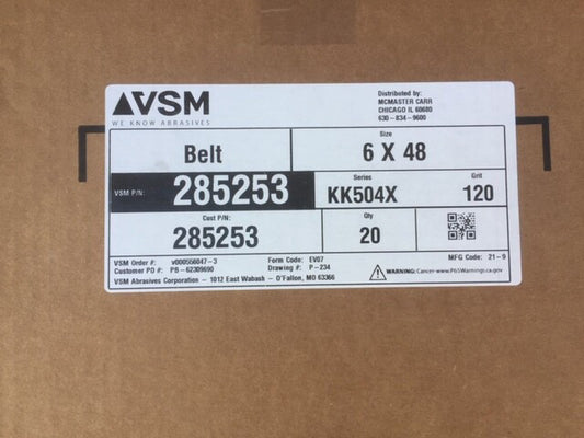 (Case of 20) VSM 285253 6" x 48" Abrasive Belt 120 Grit (NEW)