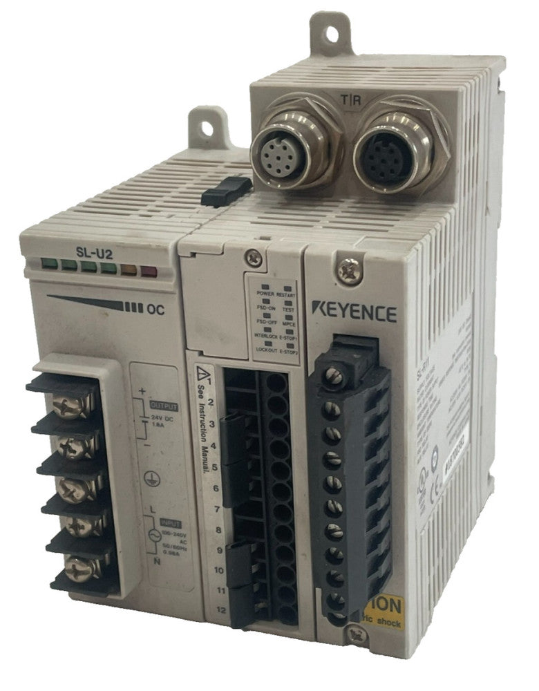 USED KEYENCE SL-R11 SAFETY CONTROL UNIT W/ SL-U2 POWER SUPPLY SLR11