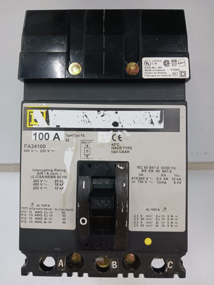 Square D 100 Amp I-Line Circuit Breaker 3 Pole 480 VAC / 250 VDC FA34100 *Gray*