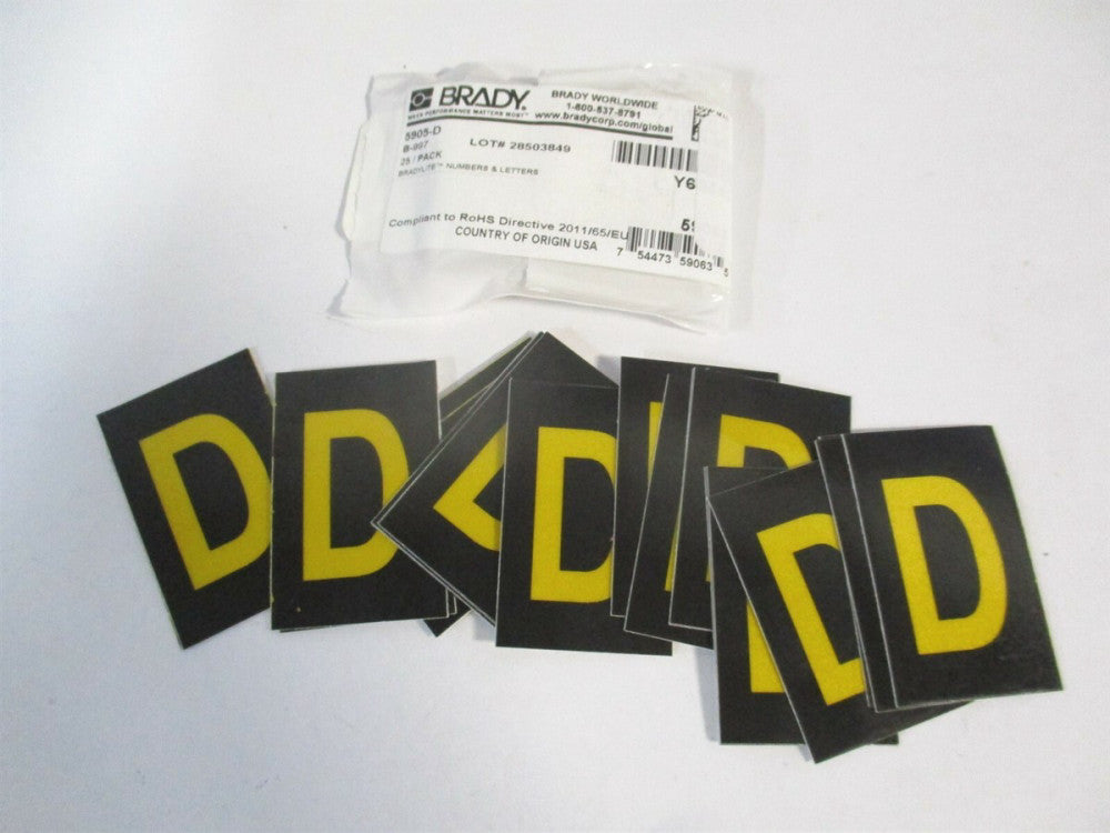 Brady (5905-D) 1" x 1-1/2" D Yellow/Black Sheeting Letter Label - Lot of 25