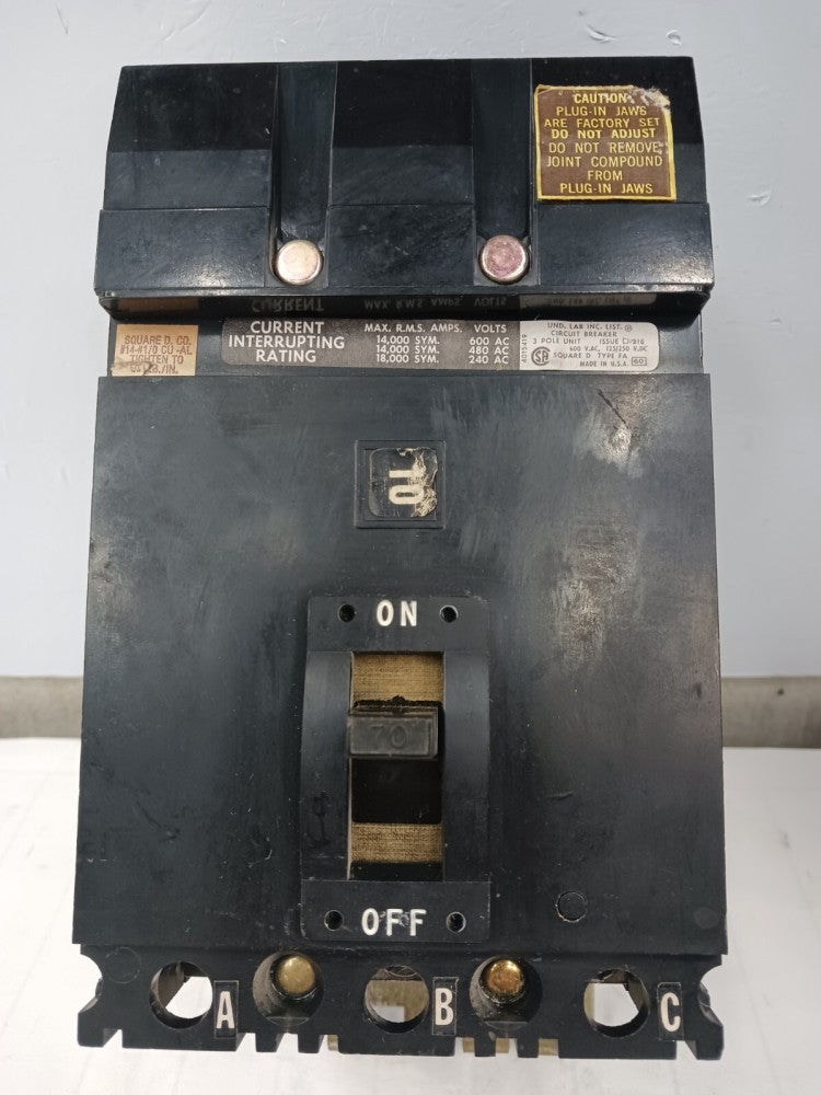 SQUARE D 70 AMP CIRCUIT BREAKER 3 POLE 600 VAC FA-36070