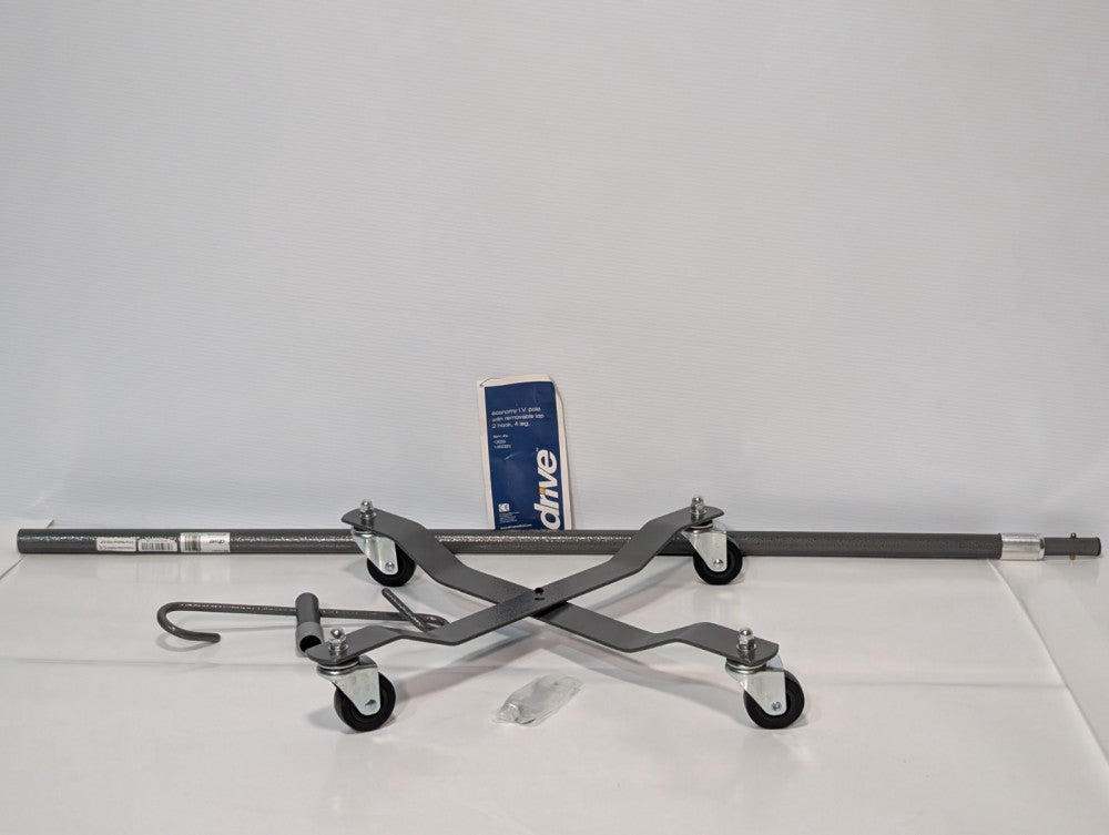 Drive Medical 13033SV Economy IV Pole, 4 leg, 2 hook removeable top, silver vein