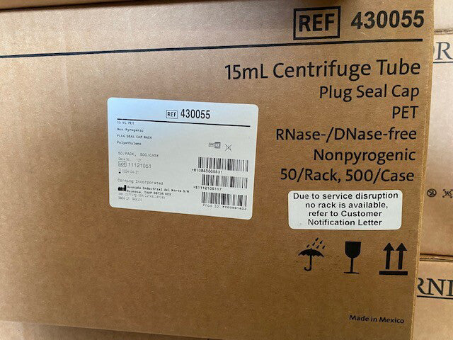 (Case of 500) Corning® 430055 - 15 mL PET Centrifuge Tubes, NO RACK - EXP 4/2024
