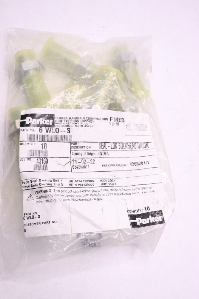 (10-Pk) Parker Seal-Lok Bulkhead Union ORFS Straight 3/8" 6WLO-S