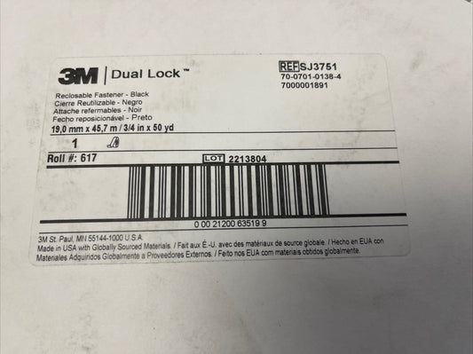 3M Dual Lock Reclosable Fastener  - BLK, SJ3751 3/4" X 50YD ROLL *FREE SHIPPING*