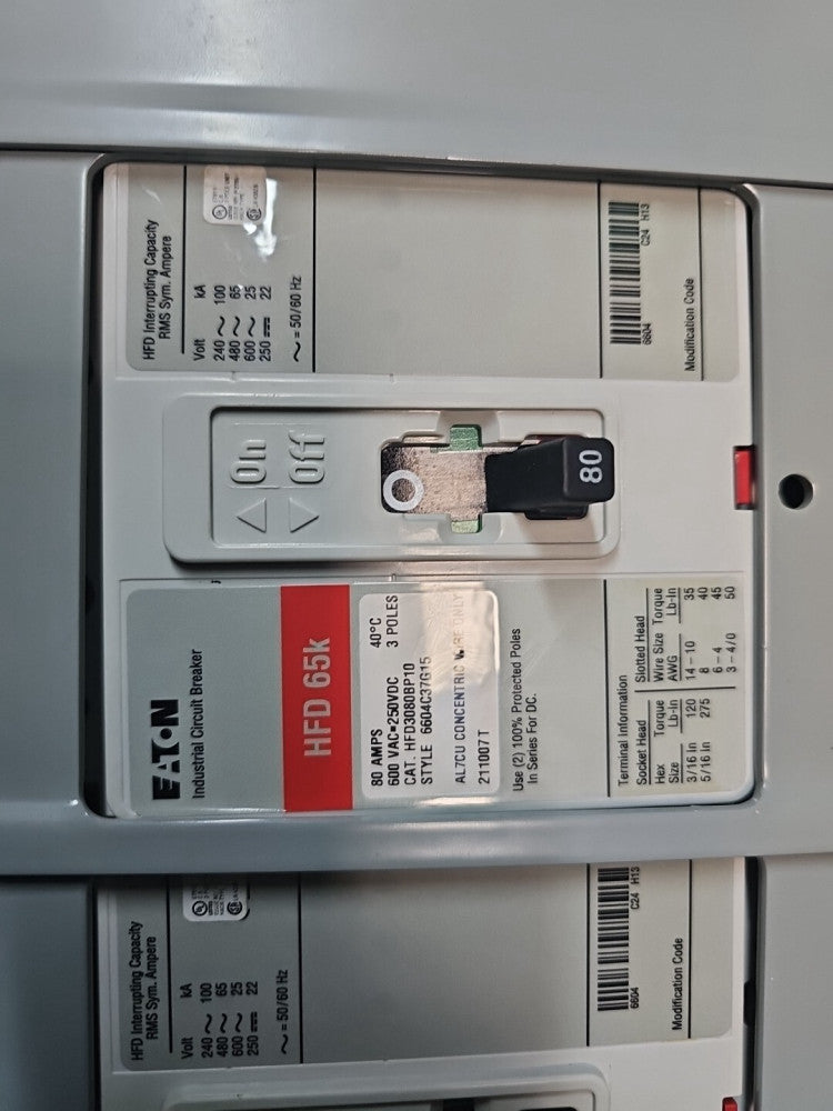 NEW OLD STOCK Eaton HFD3080BP10 80 Amp, 3 Pole, 600 Volt Breaker HFD 65K