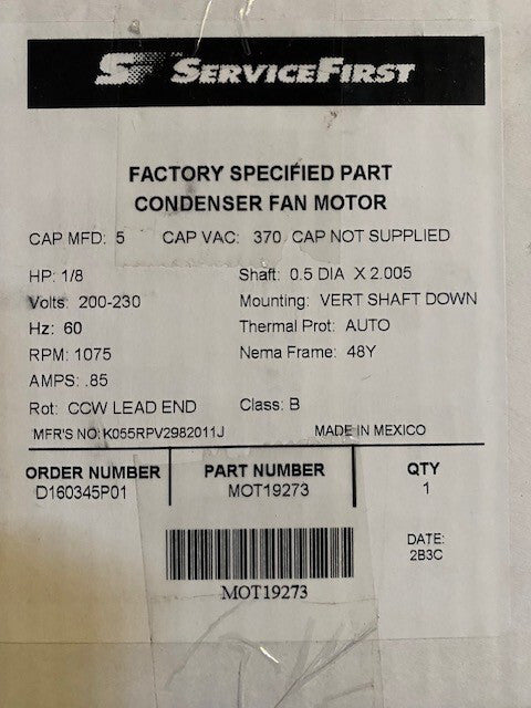 TRANE 1/8 HP Fan Motor, MOT19273 (NEW)