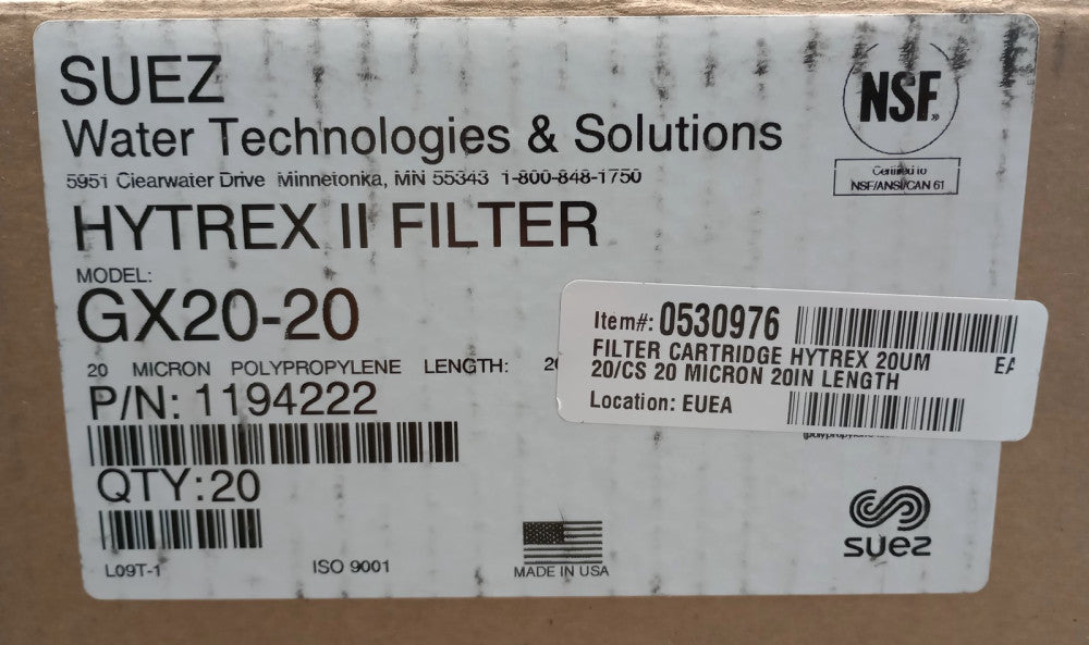 SUEZ 1194222 Hytrex II 20 Micron Filter Cartridge 20" GX20-20 (Box Of 20)