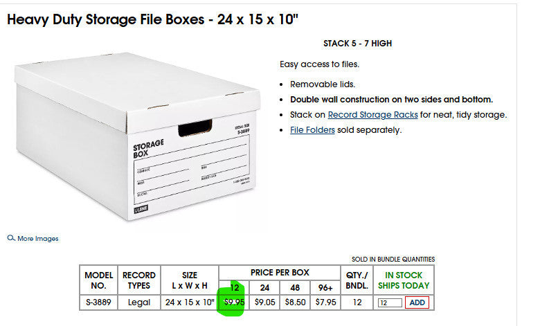 12-Pack 24” x 15” x 10" Legal-Size Heavy-Duty Storage File Bankers Boxes S-3889