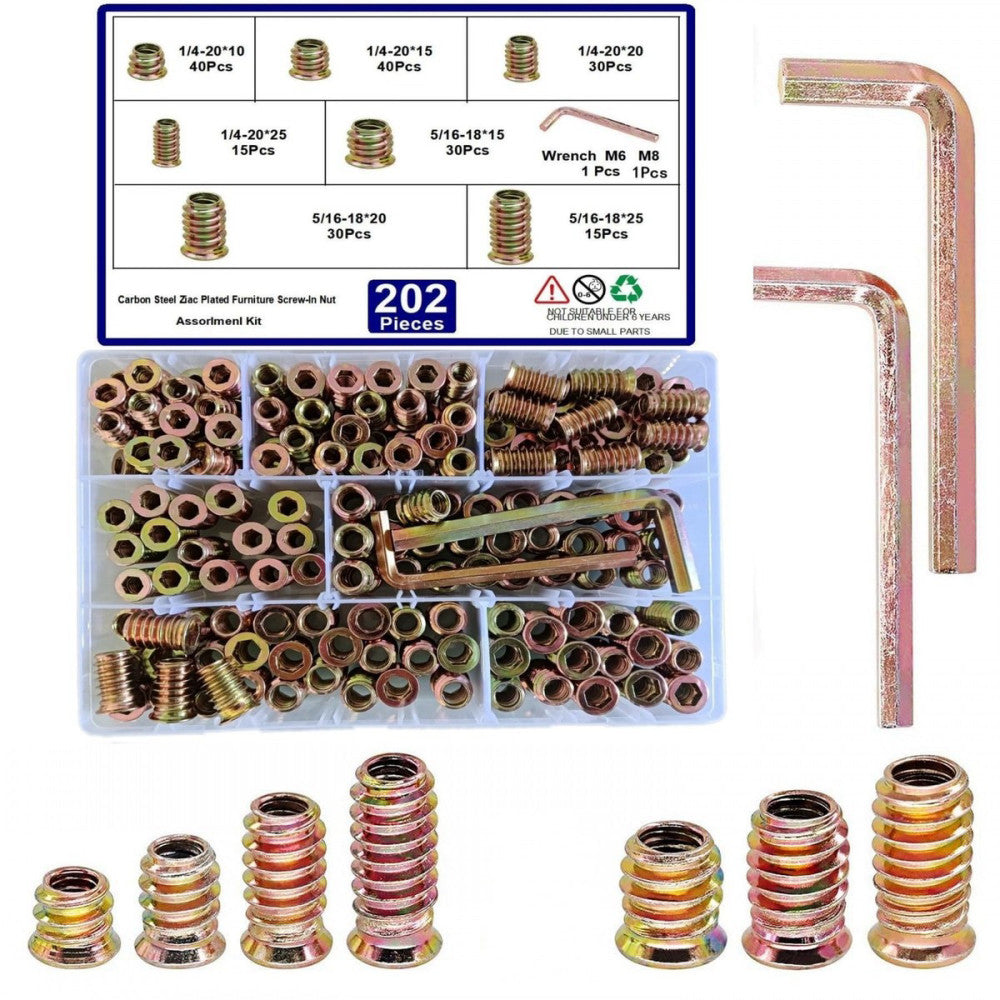 200pcs Threaded Inserts for Wood, 1/4"-20 5/16"-18 Screw in Nut Assortment Ki...