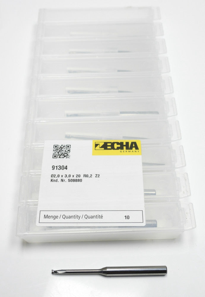 10pcs ZECHA 91304 2.0 x 3.0 x 20 mm R0.2 Z2 509880 Micro Mill Bits
