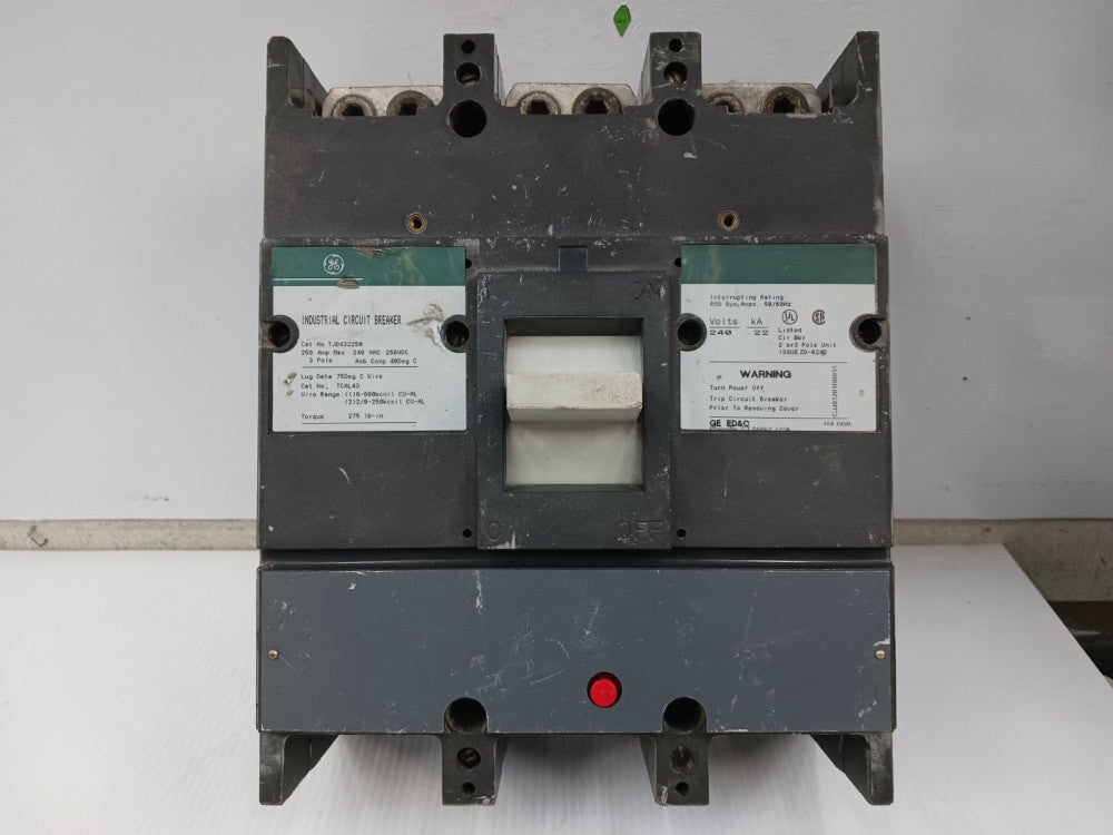 GE 250 Amp Circuit Breaker 3 Pole 240 VAC / 250 VDC 22kA TJD432250