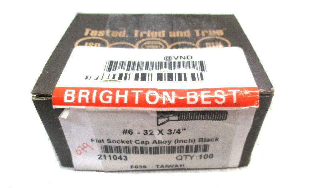 Brighton (211043) #6-32 UNC 3/4" OAL 5/64" Hex 82° Flat Cap Screw - Lot of 100