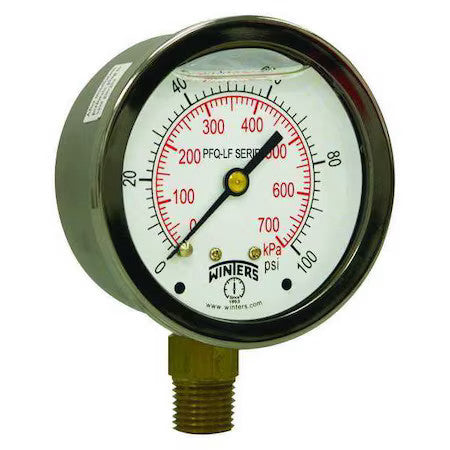 Winters Pfq804lf Lead-Free Pressure Gauge, 0 To 100 Psi, 2 1/2 In Dial, 1/4 In