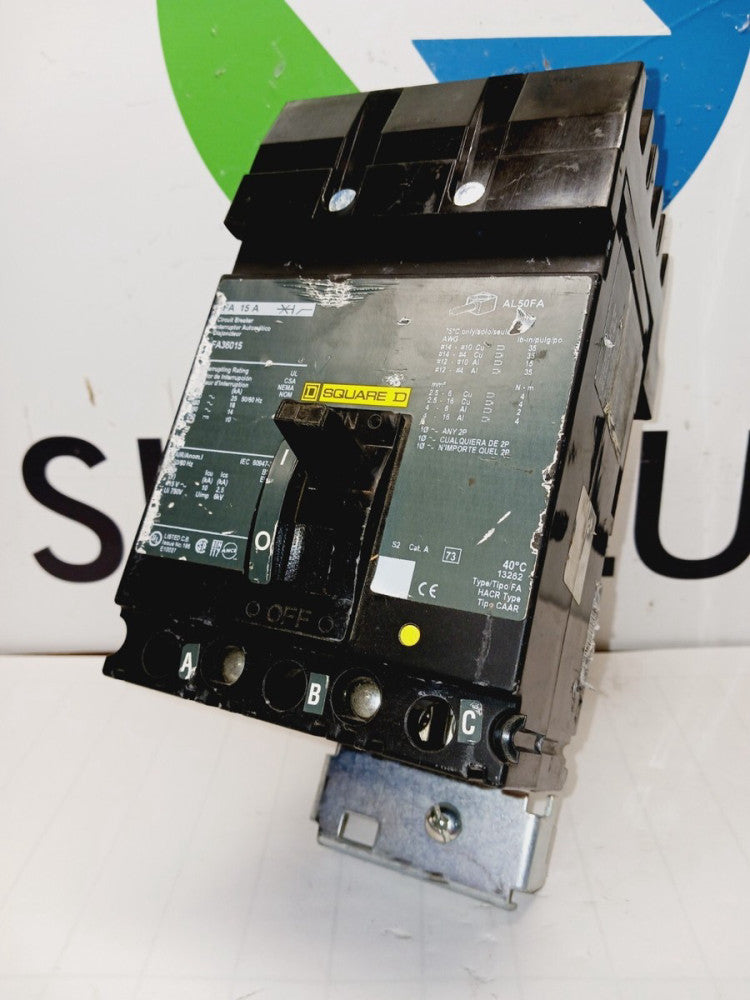 SQUARE D 15 AMP I-LINE CIRCUIT BREAKER 600 VAC 3 POLE 25 kA FA36015