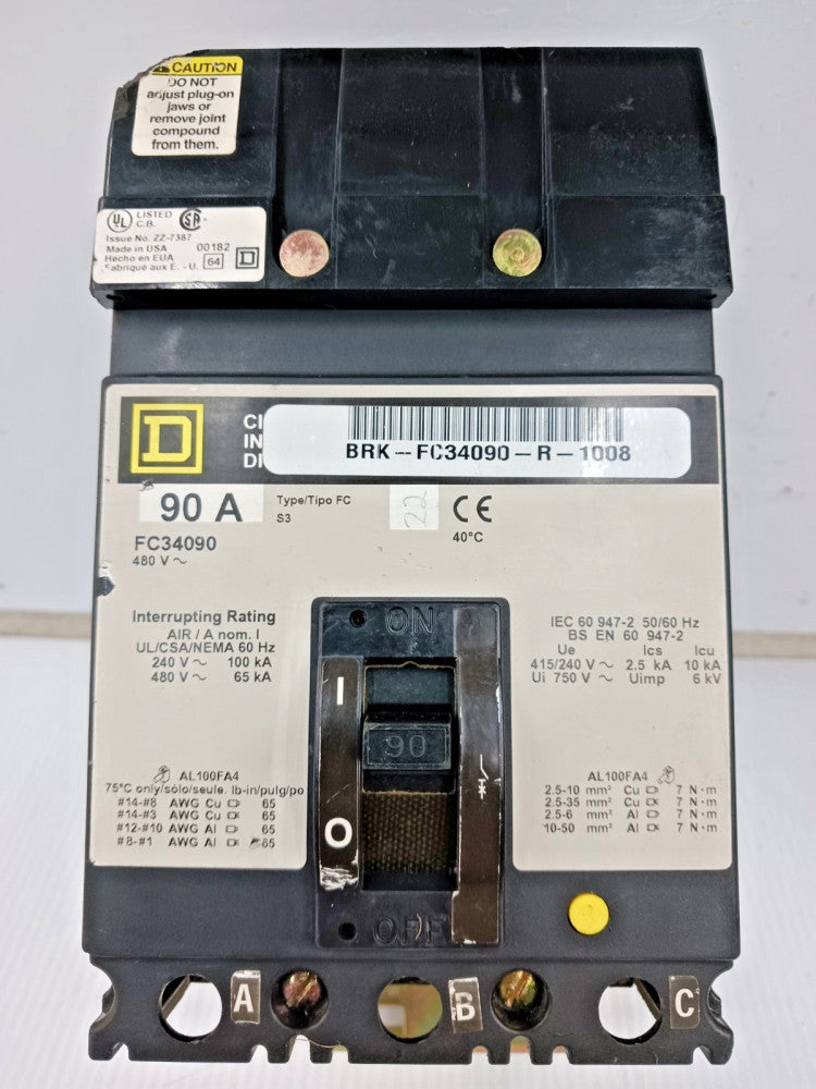 Square D 90 Amp I-Line Circuit Breaker 3 Pole 480 VAC 65kA FC34090 (Flaw)